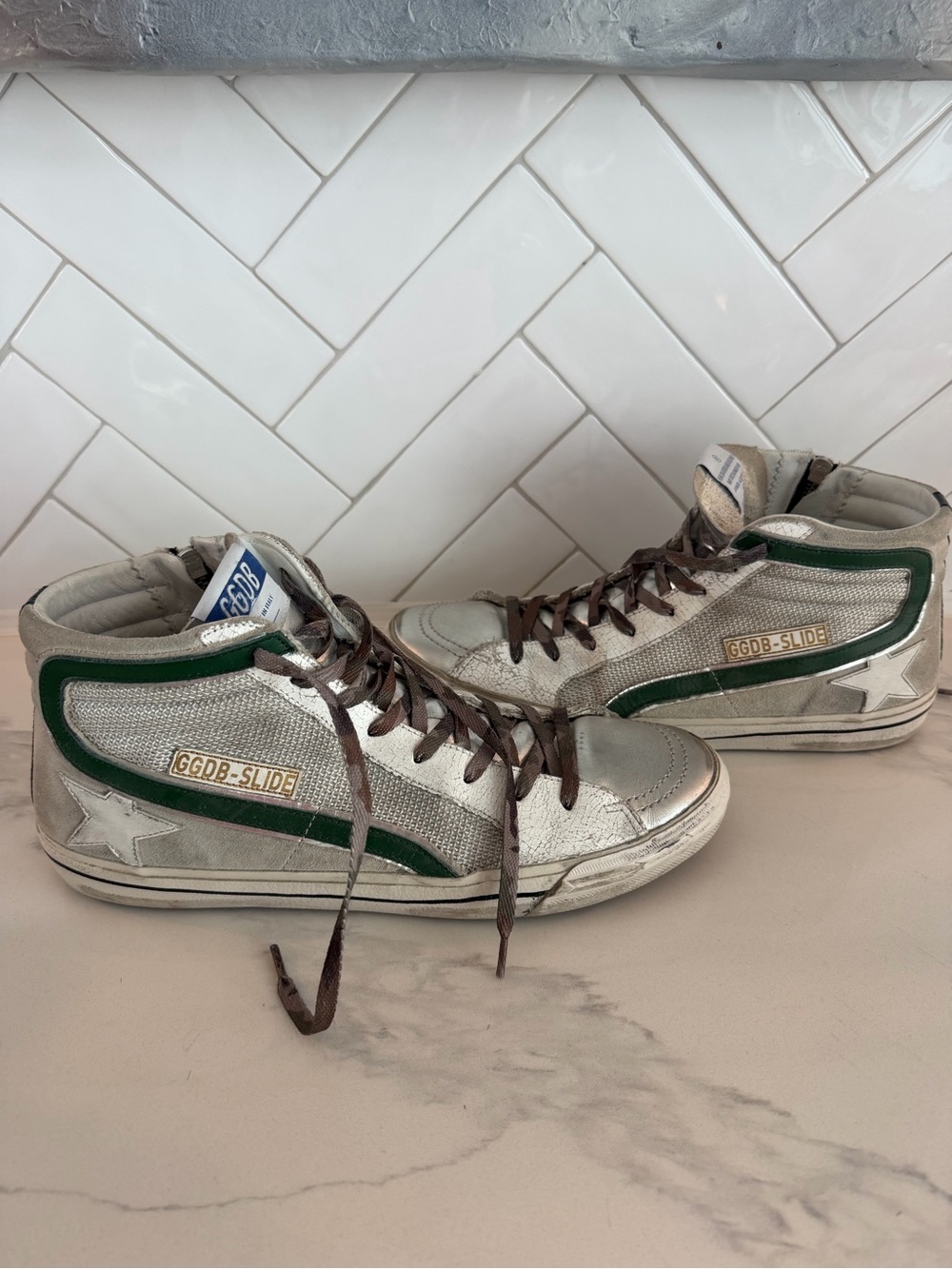 Golden Goose Men's High-Top Sneakers in Silver with Green Trim